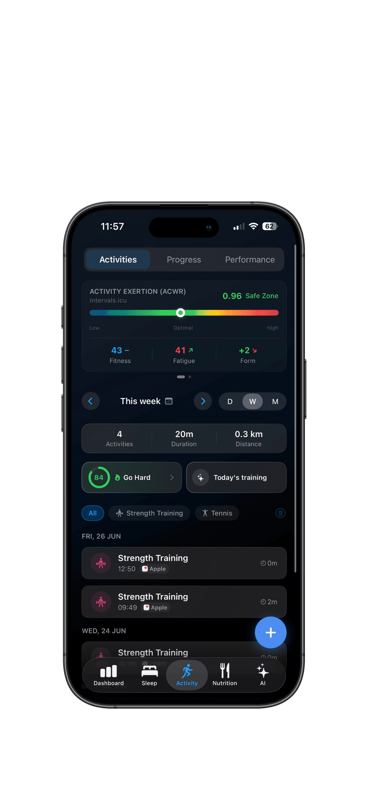 Vitalstat activity view with workout history and training load