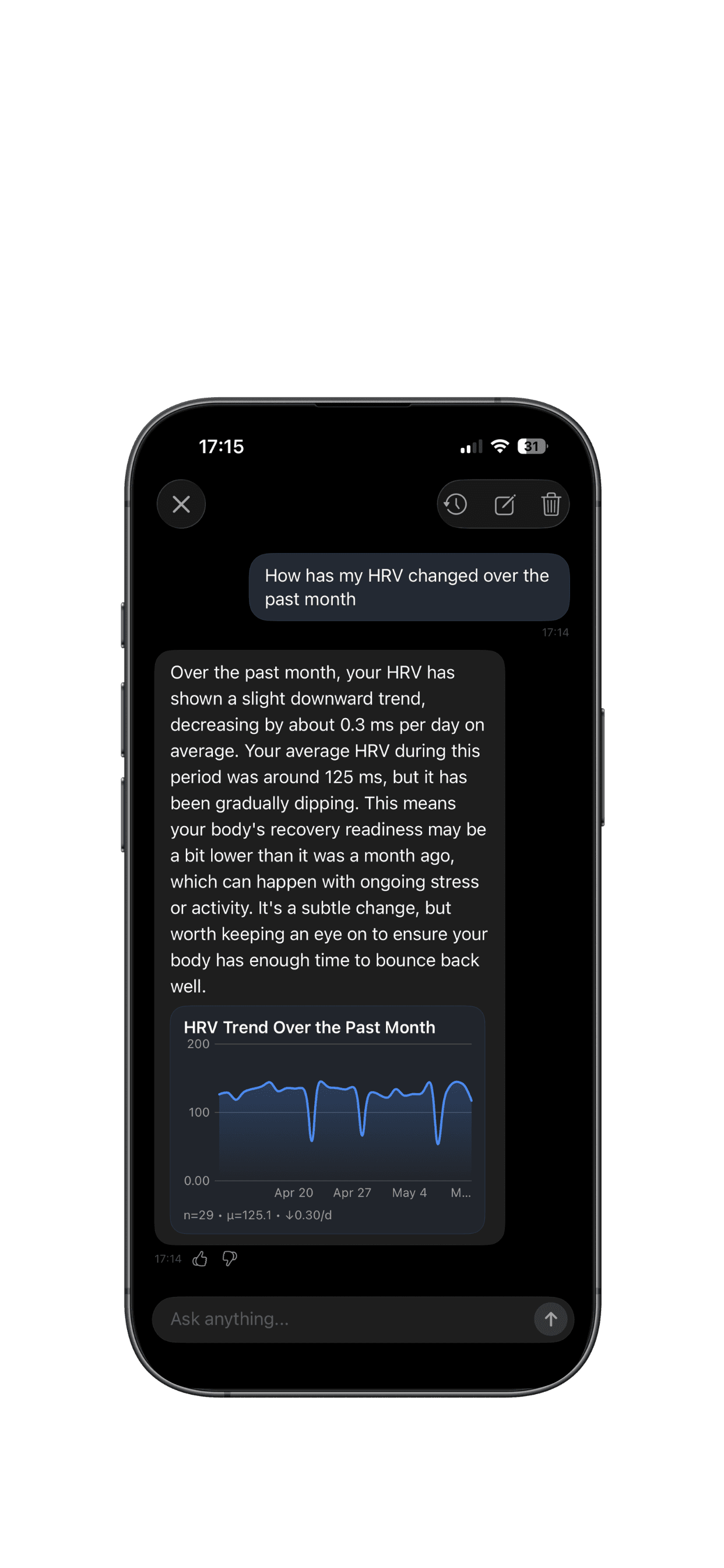 Vitalstat AI Health Chat showing an HRV trend answer