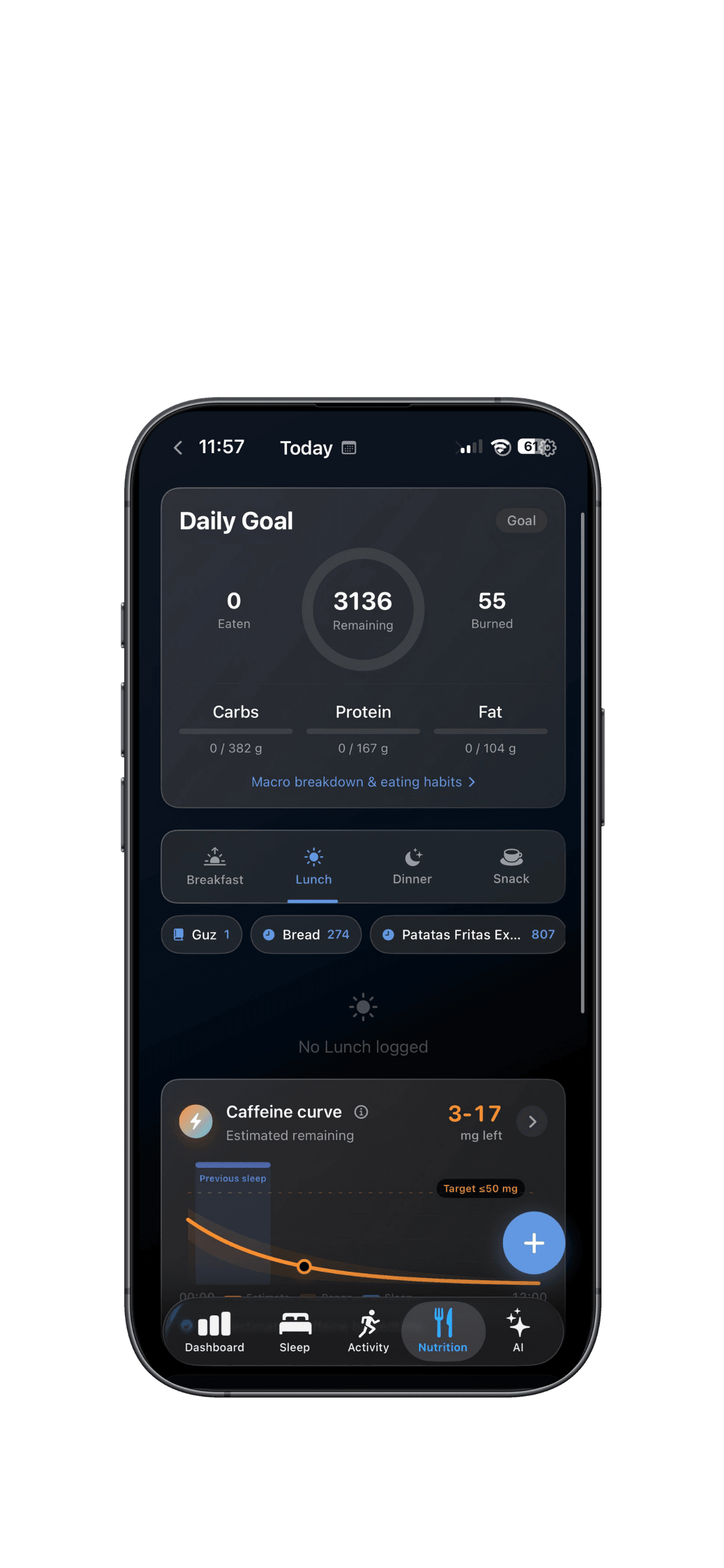 Vitalstat nutrition view with daily energy and macronutrient tracking